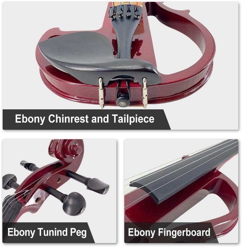 ModouString 4/4 Full Size Electric Violin – Silent Electric Violin with Headphone Jack, Ebony Fittings – Includes Case, Bow, – Ideal for Practice & Performance (Red) - Image 5